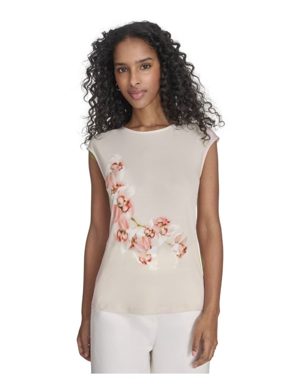 Calvin Klein Petite Size PXL Sleeveless Scoop neck Printed Blouse Beige $59 SALE